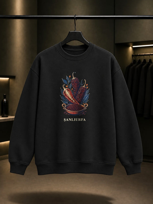 Şanlıurfa İsot Biberi baskılı siyah sweatshirt