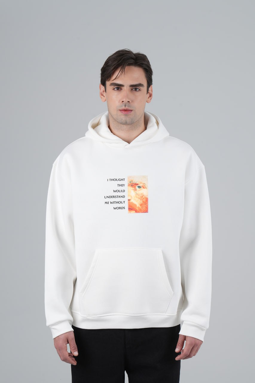 Vincent Van Gogh Metin Baskılı %100 Pamuk Kapüşonlu Unisex Oversize Beyaz Sweatshirt