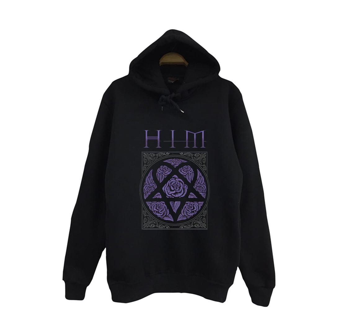 Him Logosu ve heartagram sembollü baskılı siyah kapüşonlu sweatshirt