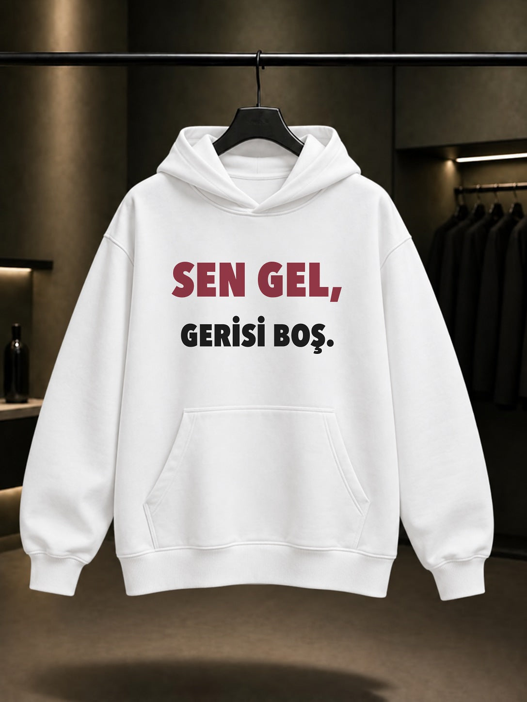 Sen Gel Gerisi Boş Baskılı Unisex %100 Pamuk Kapüşonlu Sweatshirt — Beyaz