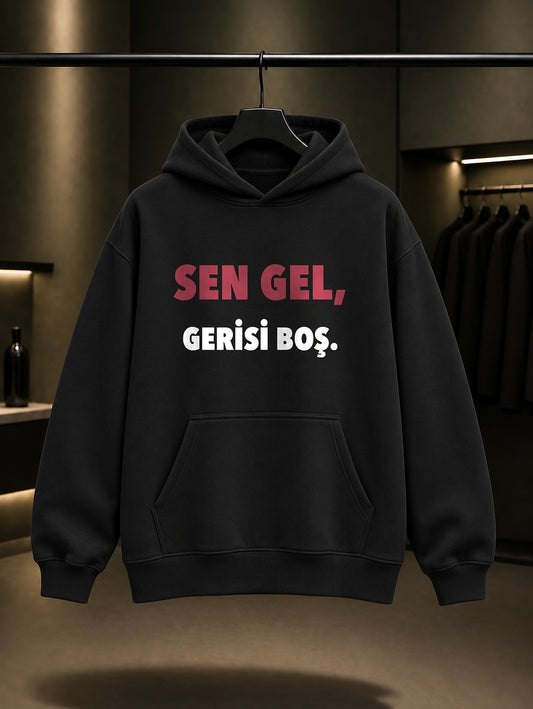 Sen Gel Gerisi Boş Baskılı Unisex %100 Pamuk Kapüşonlu Sweatshirt — Siyah