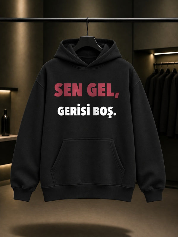 Sen Gel Gerisi Boş Baskılı Unisex %100 Pamuk Kapüşonlu Sweatshirt — Siyah