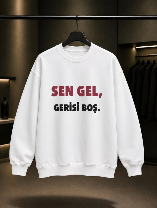 Sen Gel Gerisi Boş Baskılı Unisex %100 Pamuk Sweatshirt — Beyaz