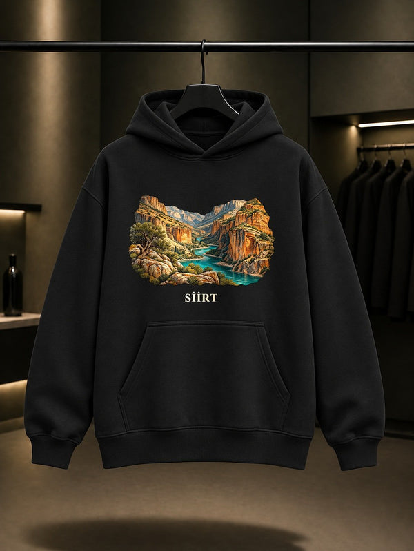 Siirt Botan Vadisi baskılı siyah kapüşonlu sweatshirt