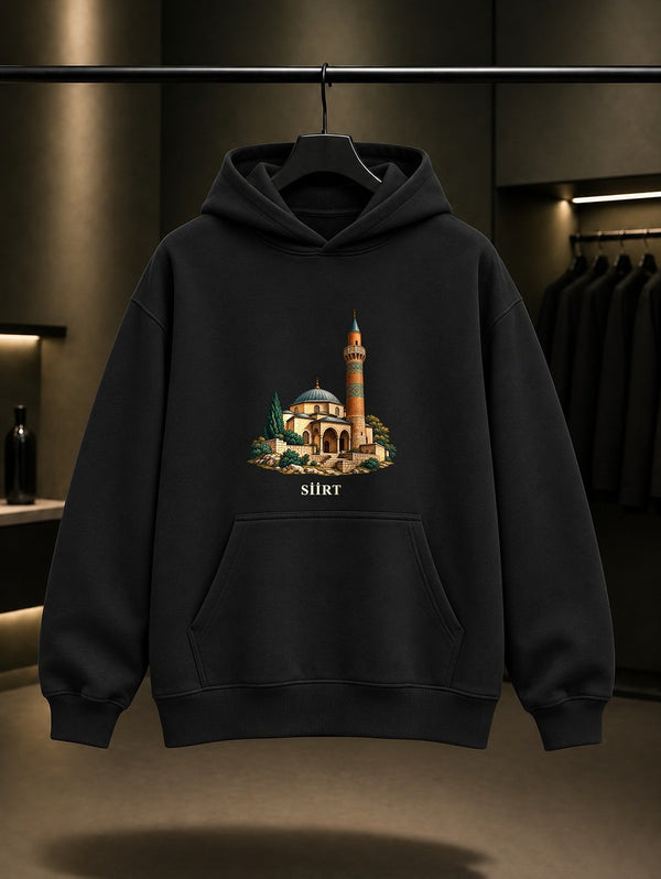 Siirt Ulu Cami baskılı siyah kapüşonlu sweatshirt