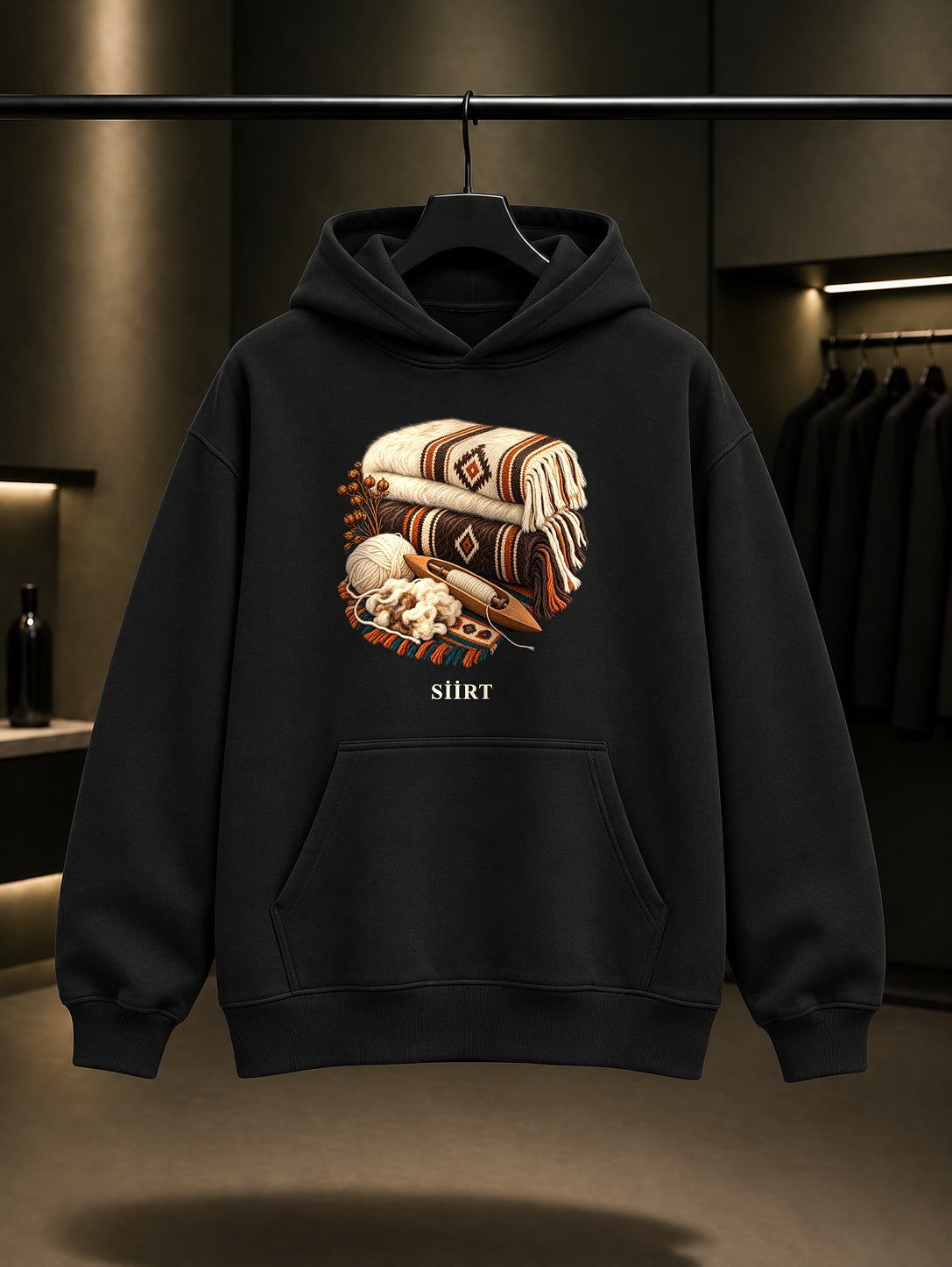 Siirt Battaniyesi baskılı siyah kapüşonlu sweatshirt