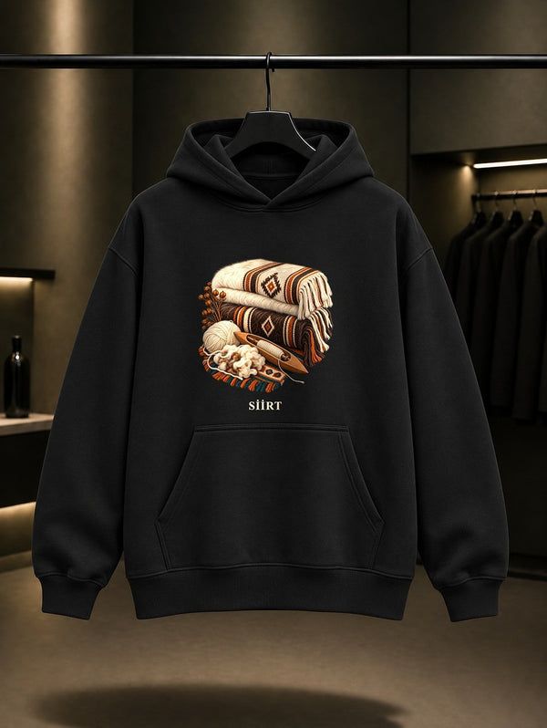 Siirt Battaniyesi baskılı siyah kapüşonlu sweatshirt