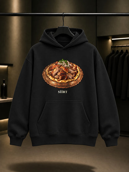 Siirt Büryan Kebabı baskılı siyah kapüşonlu sweatshirt