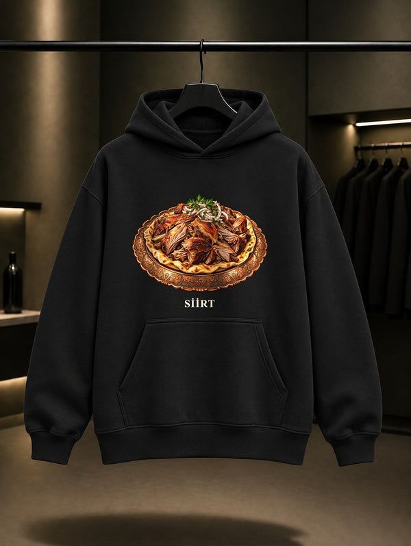 Siirt Büryan Kebabı baskılı siyah kapüşonlu sweatshirt