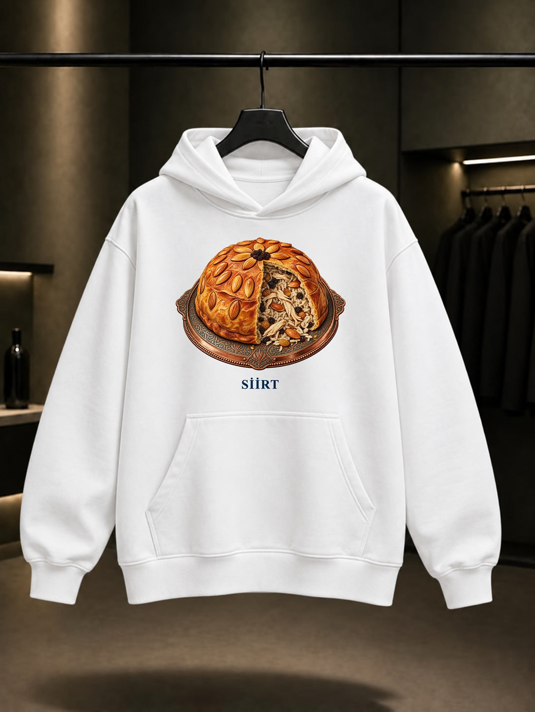 Siirt Perde Pilavı baskılı beyaz kapüşonlu sweatshirt
