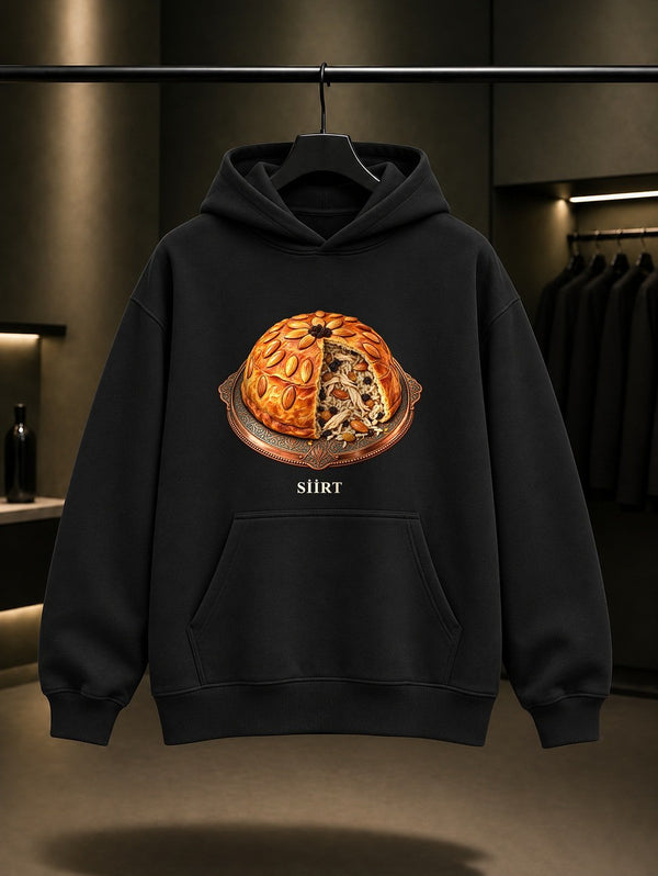 Siirt Perde Pilavı baskılı siyah kapüşonlu sweatshirt
