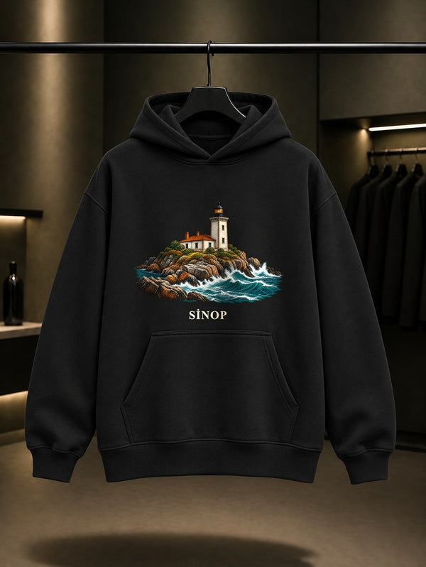 Sinop İnceburun Feneri baskılı siyah kapüşonlu sweatshirt