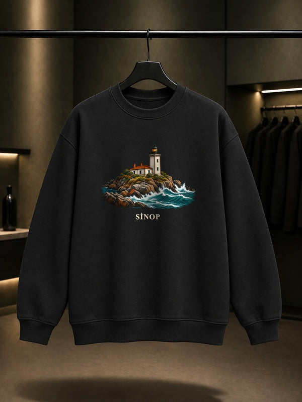 Sinop İnceburun Feneri baskılı siyah sweatshirt