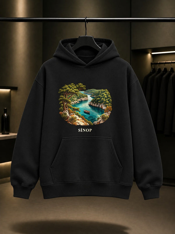 Sinop Hamsilos Koyu baskılı siyah kapüşonlu sweatshirt