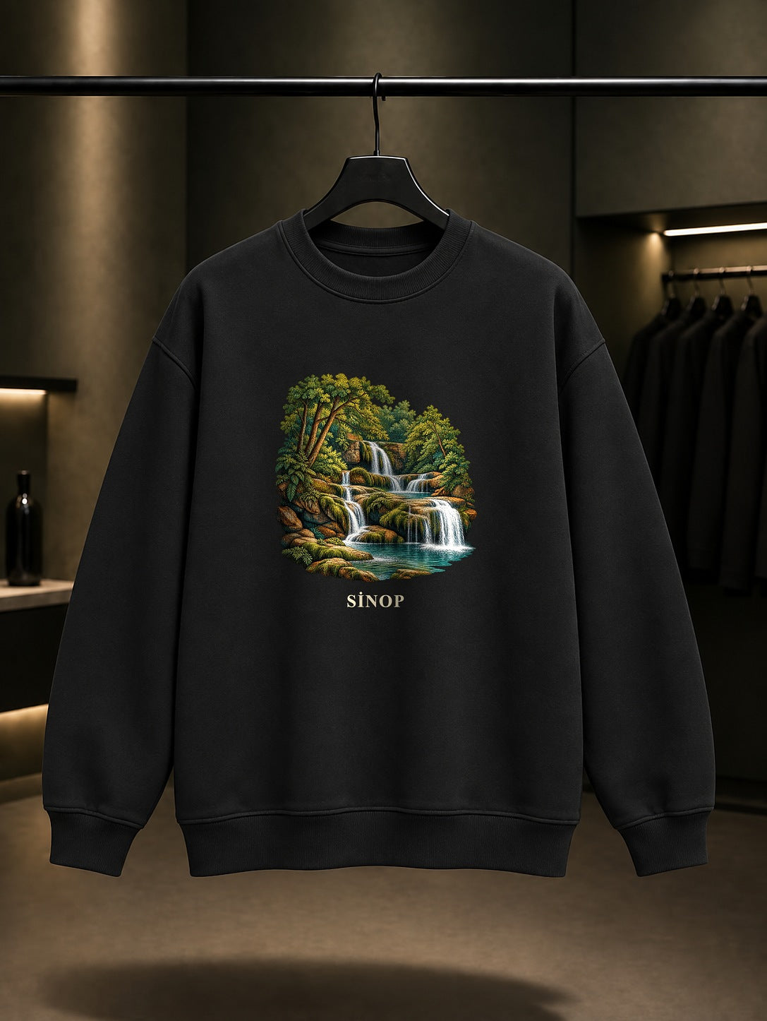 Sinop Erfelek Şelaleleri baskılı siyah sweatshirt