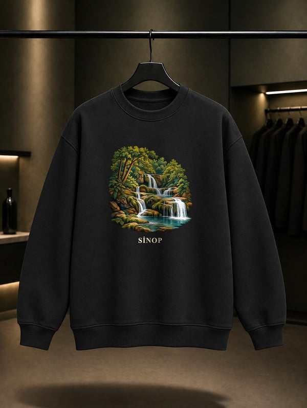 Sinop Erfelek Şelaleleri baskılı siyah sweatshirt
