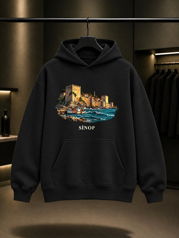 Sinop Kalesi baskılı siyah kapüşonlu sweatshirt