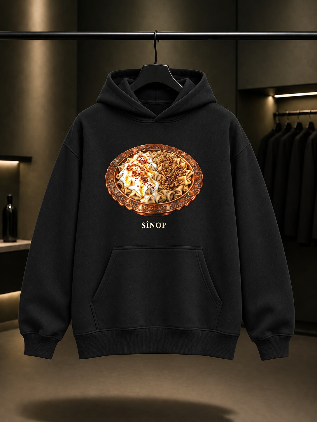 Sinop Mantısı baskılı siyah kapüşonlu sweatshirt