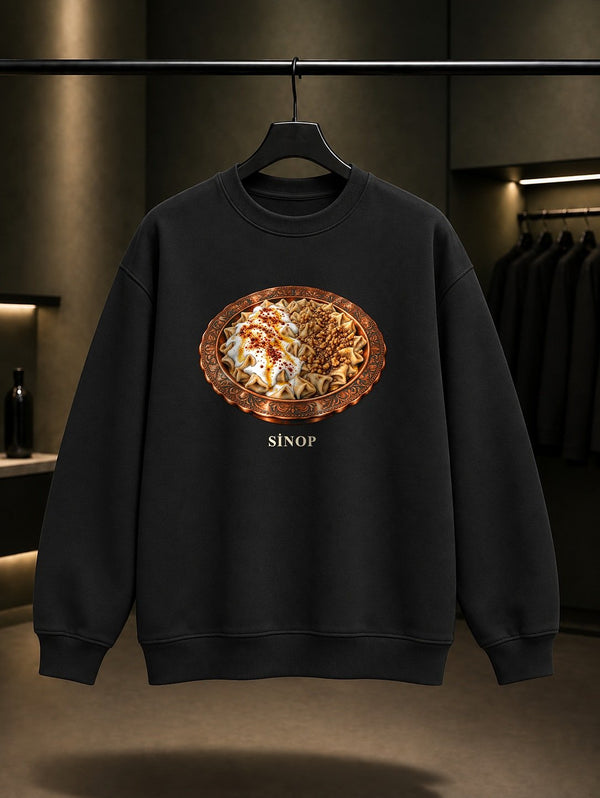 Sinop Mantısı baskılı siyah sweatshirt