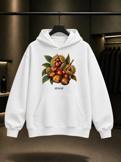 Sinop Kestane baskılı beyaz kapüşonlu sweatshirt