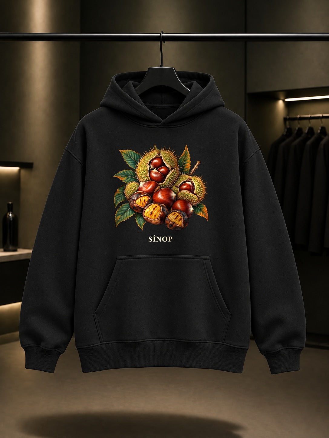 Sinop Kestane baskılı siyah kapüşonlu sweatshirt