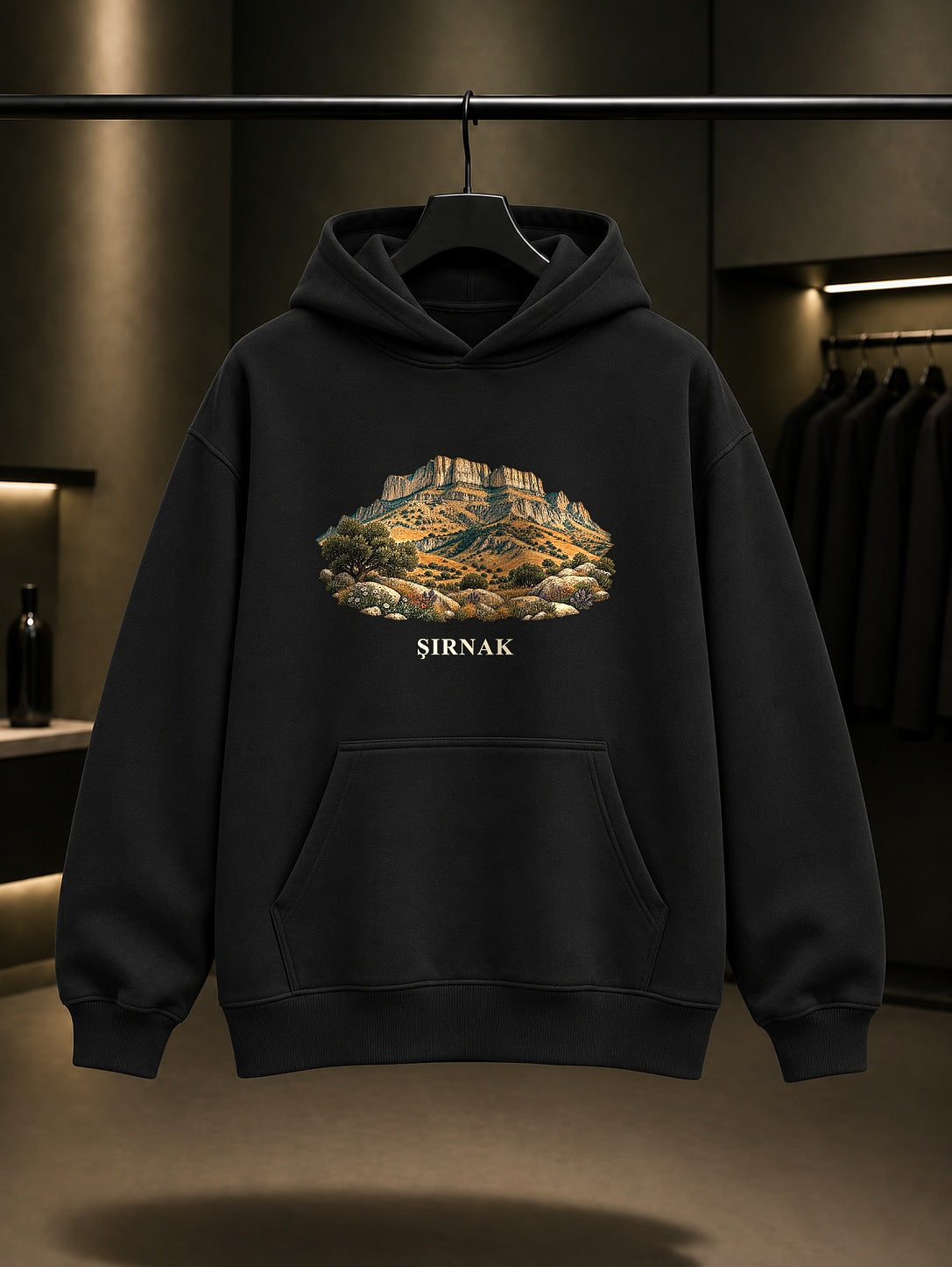Şırnak Cudi Dağı baskılı siyah kapüşonlu sweatshirt