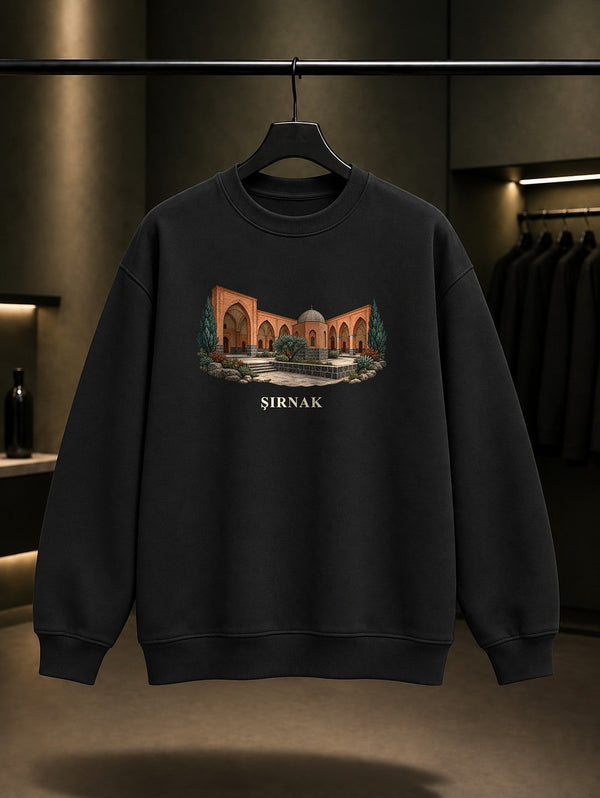 Şırnak Kırmızı Medrese baskılı siyah sweatshirt