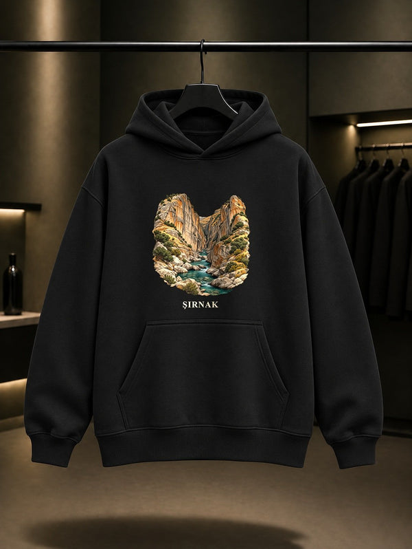 Şırnak Kasrik Boğazı baskılı siyah kapüşonlu sweatshirt