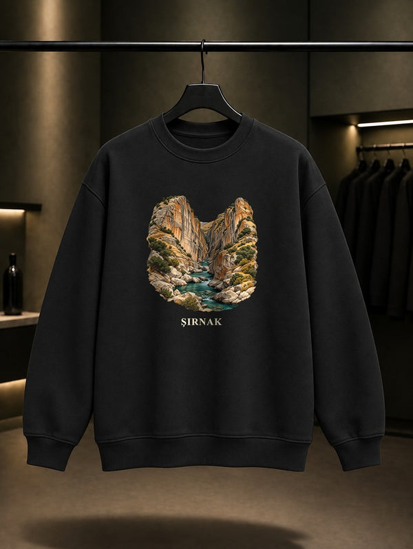 Şırnak Kasrik Boğazı baskılı siyah sweatshirt