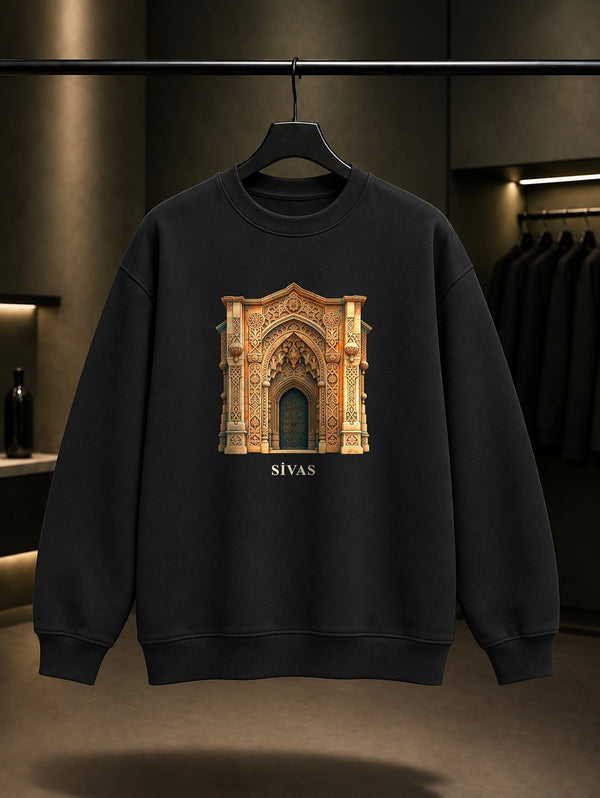 Sivas Divriği Taçkapı baskılı siyah sweatshirt