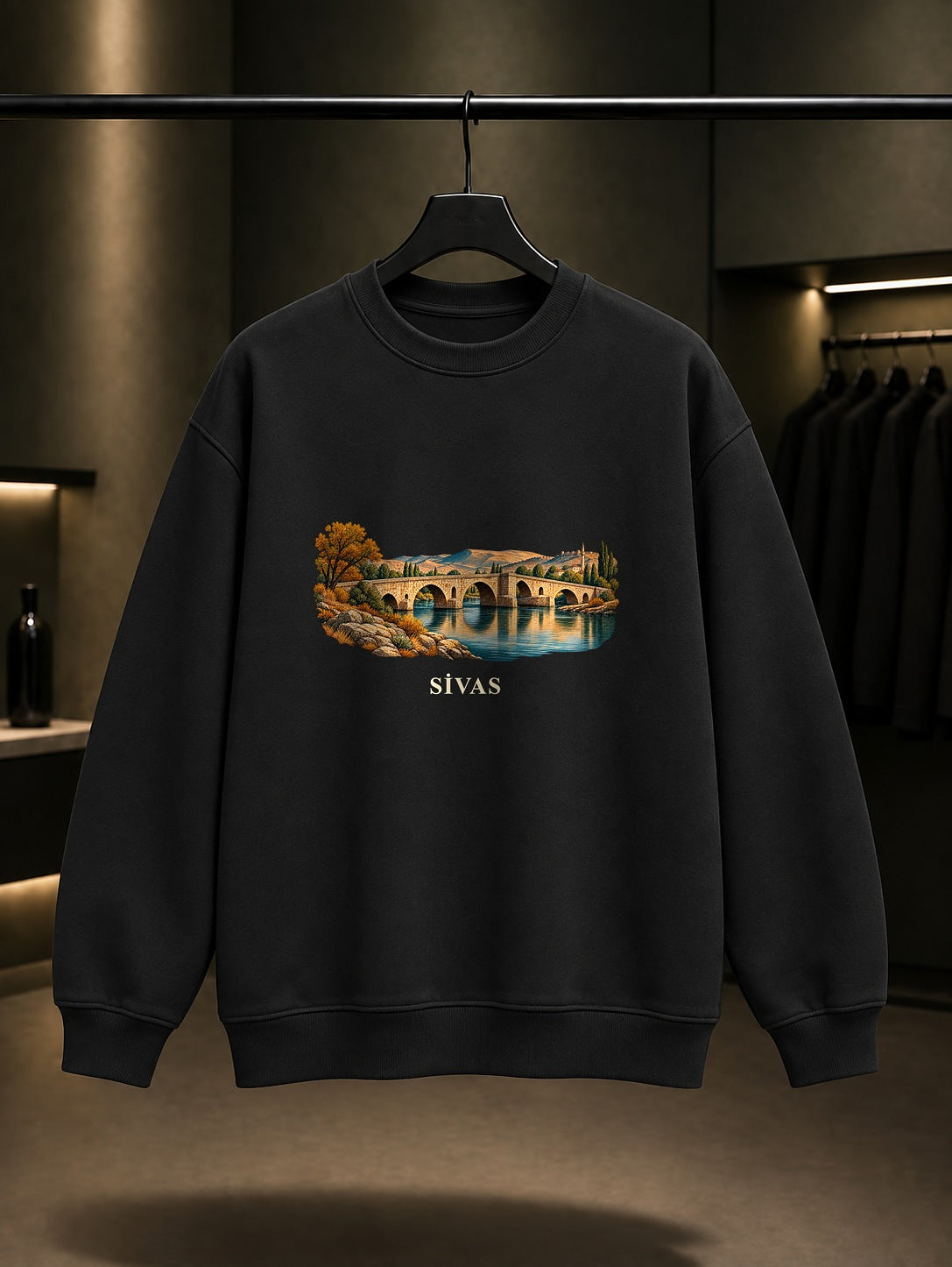 Sivas Eğri Köprü baskılı siyah sweatshirt