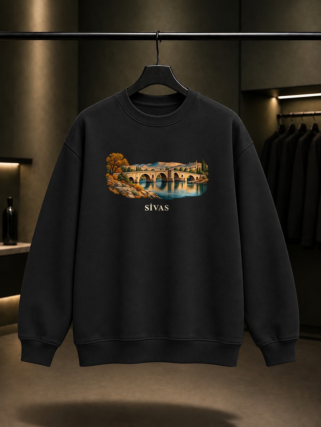 Sivas Eğri Köprü baskılı siyah sweatshirt