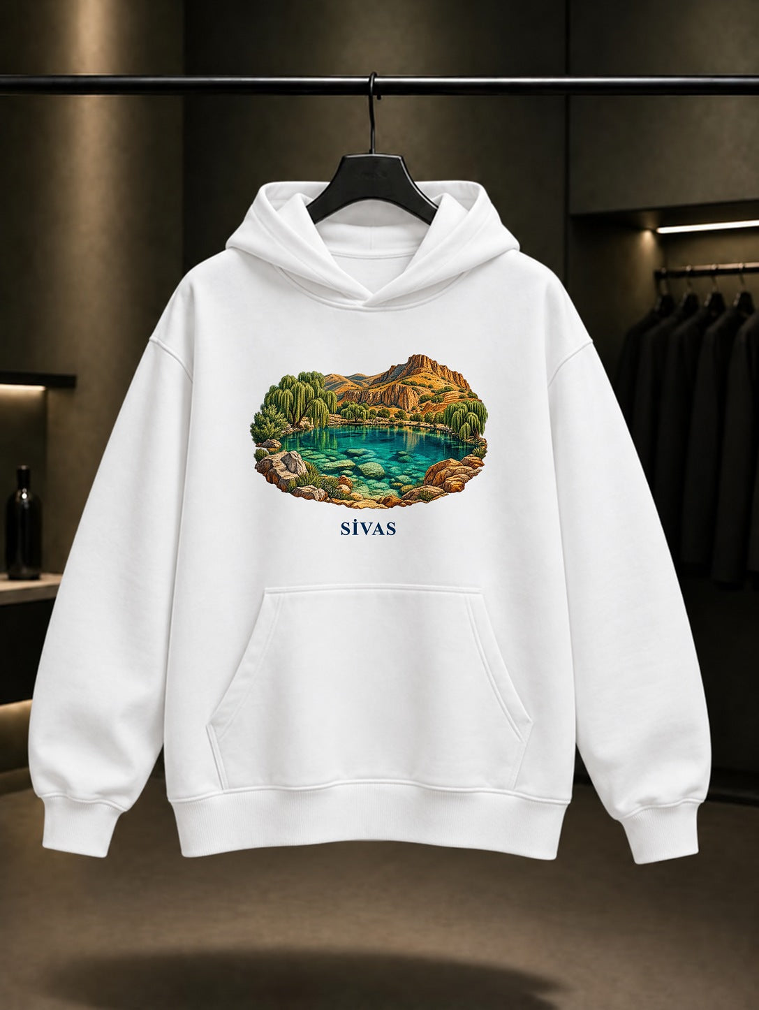 Sivas Gökpınar Gölü baskılı beyaz kapüşonlu sweatshirt