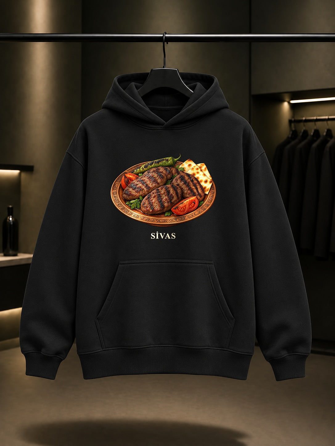 Sivas Köftesi baskılı siyah kapüşonlu sweatshirt