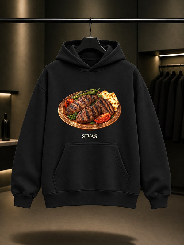 Sivas Köftesi baskılı siyah kapüşonlu sweatshirt