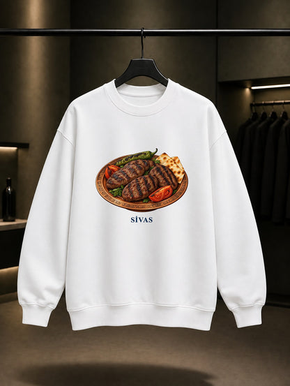 Sivas Köftesi baskılı beyaz sweatshirt