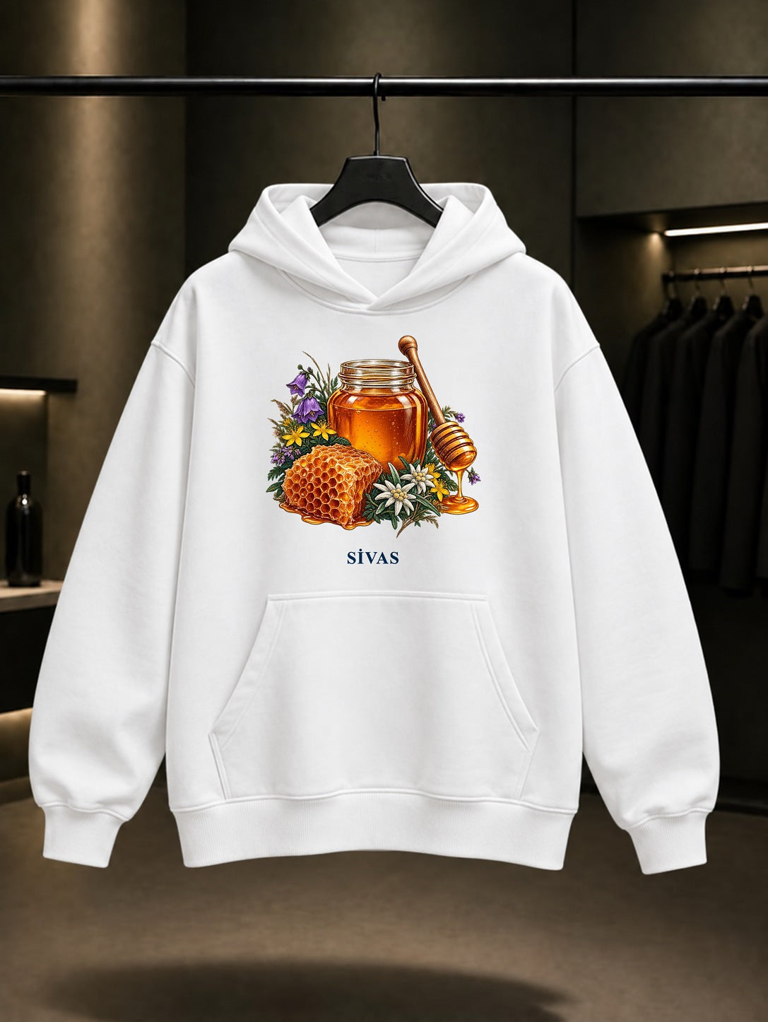 Sivas Balı baskılı beyaz kapüşonlu sweatshirt
