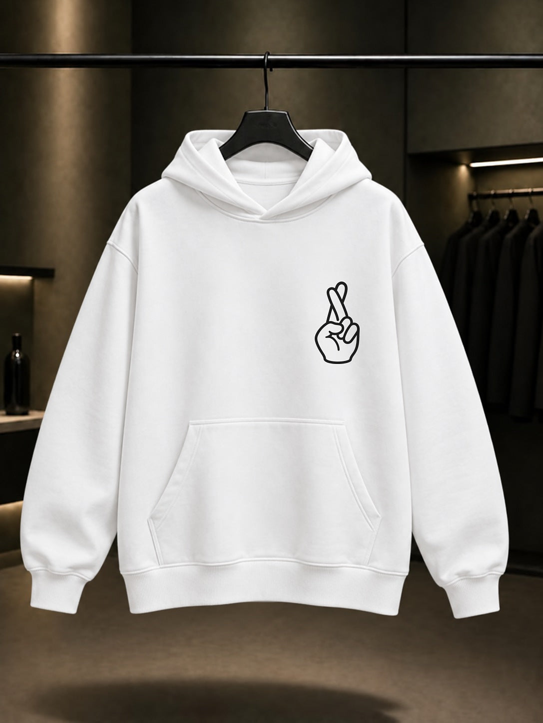 Çapraz Parmak Minimal Baskılı Unisex %100 Pamuk Kapüşonlu Sweatshirt — Beyaz