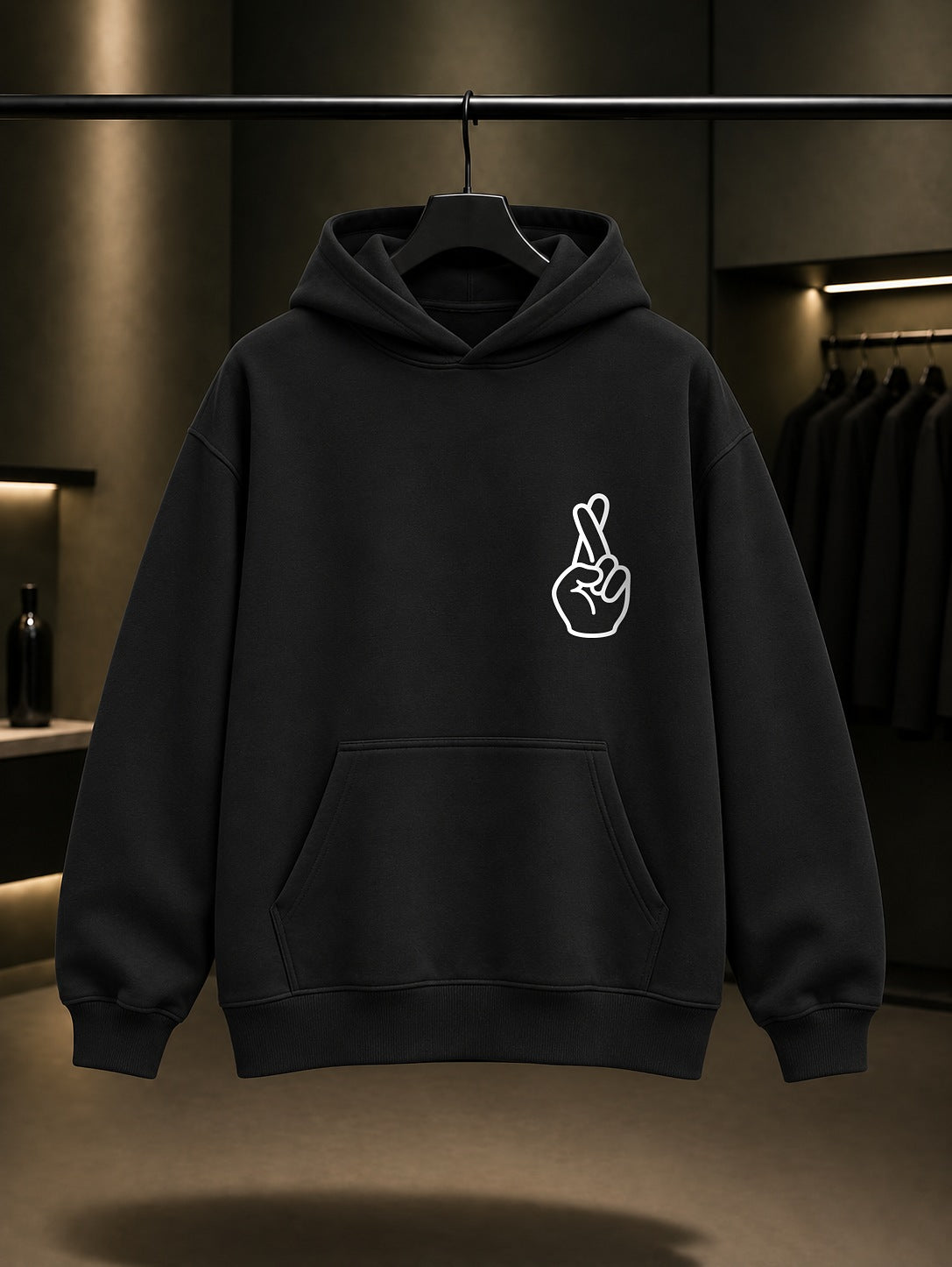 Çapraz Parmak Minimal Baskılı Unisex %100 Pamuk Kapüşonlu Sweatshirt — Siyah