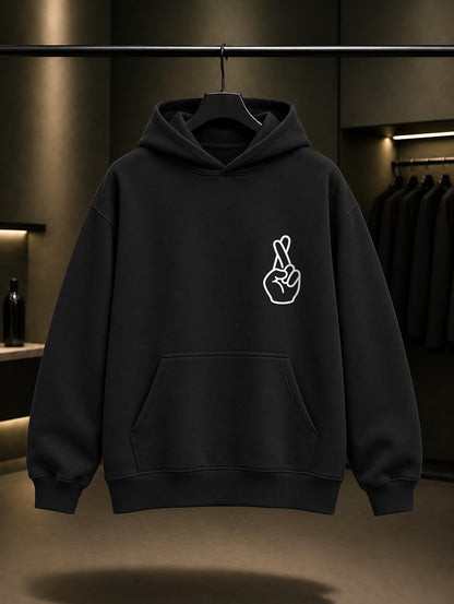 Çapraz Parmak Minimal Baskılı Unisex %100 Pamuk Kapüşonlu Sweatshirt — Siyah