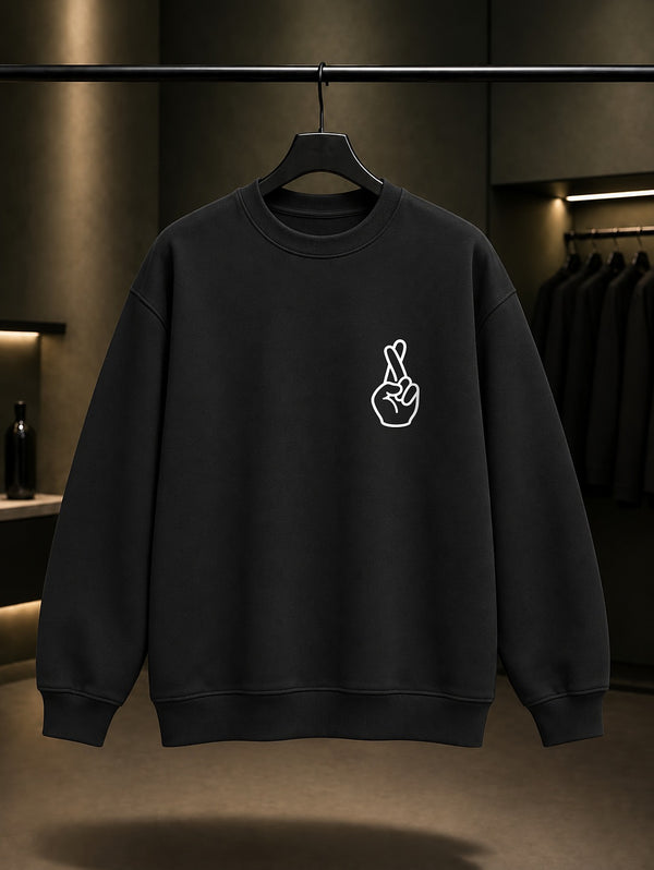 Çapraz Parmak Minimal Baskılı Unisex %100 Pamuk Sweatshirt — Siyah