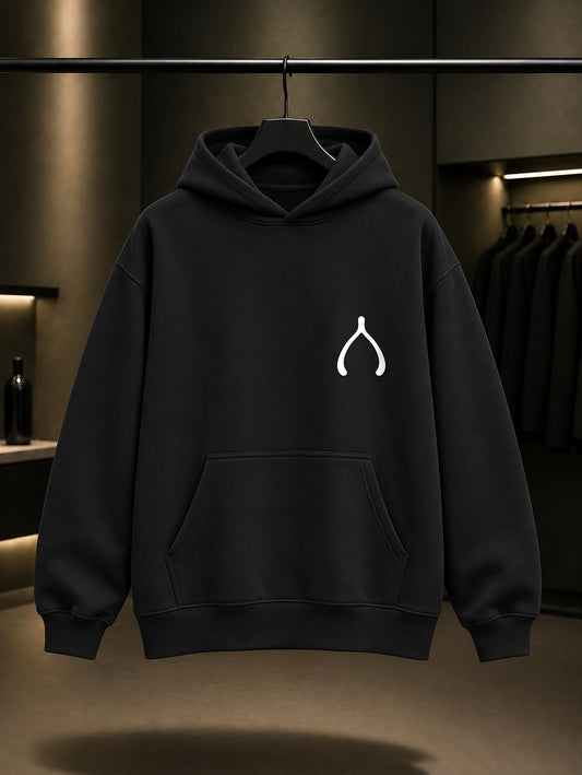 Dilek Kemiği Minimal Baskılı Unisex %100 Pamuk Kapüşonlu Sweatshirt — Siyah