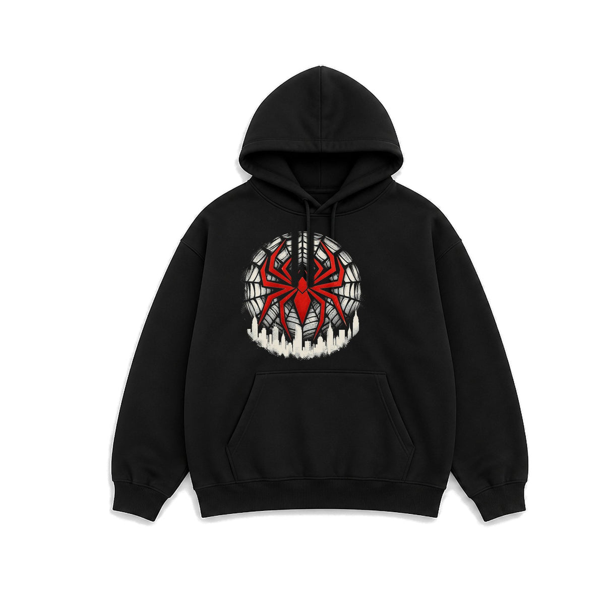 Örümcek Ağı Şehir Amblemi baskılı siyah kapüşonlu sweatshirt