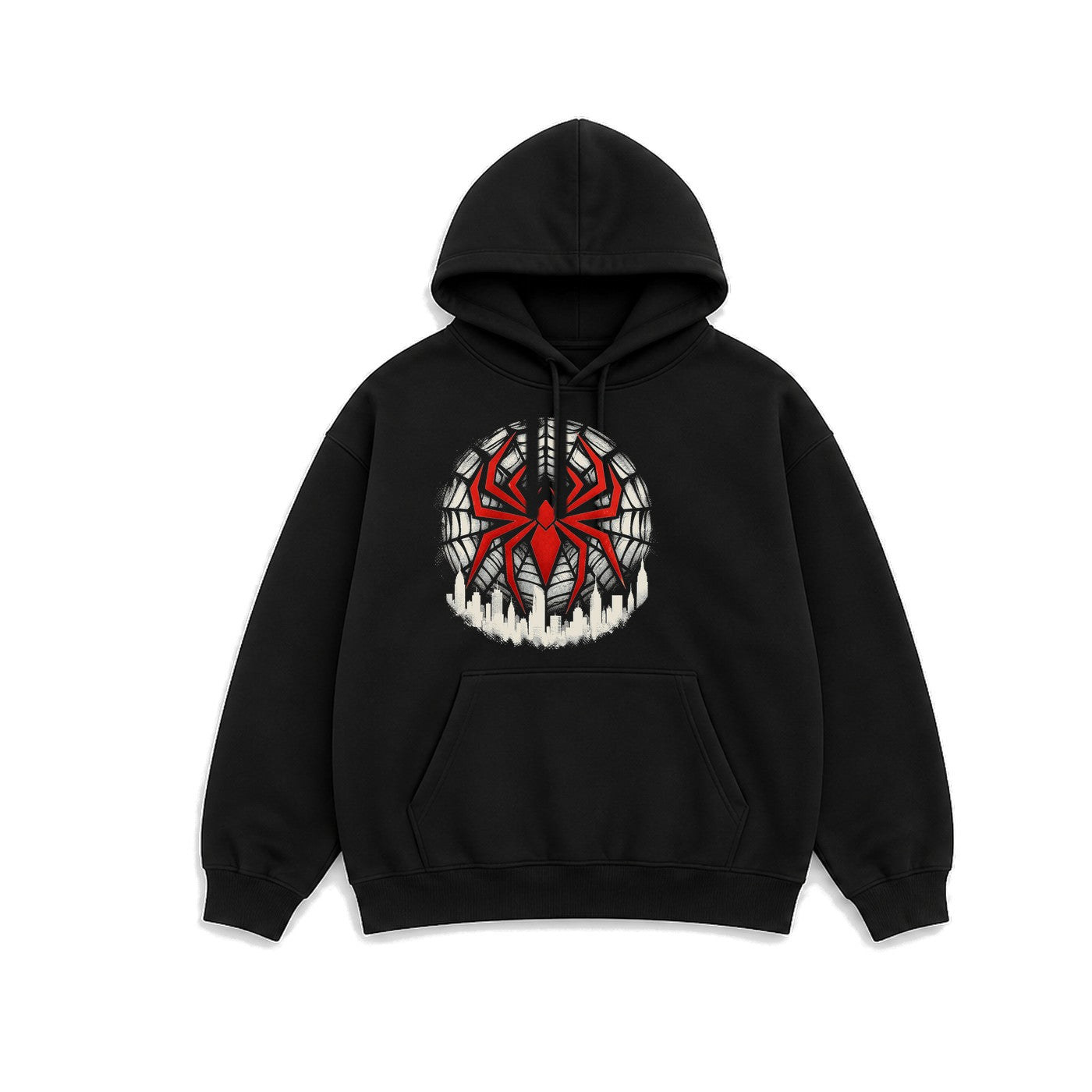 Örümcek Ağı Şehir Amblemi baskılı siyah kapüşonlu sweatshirt