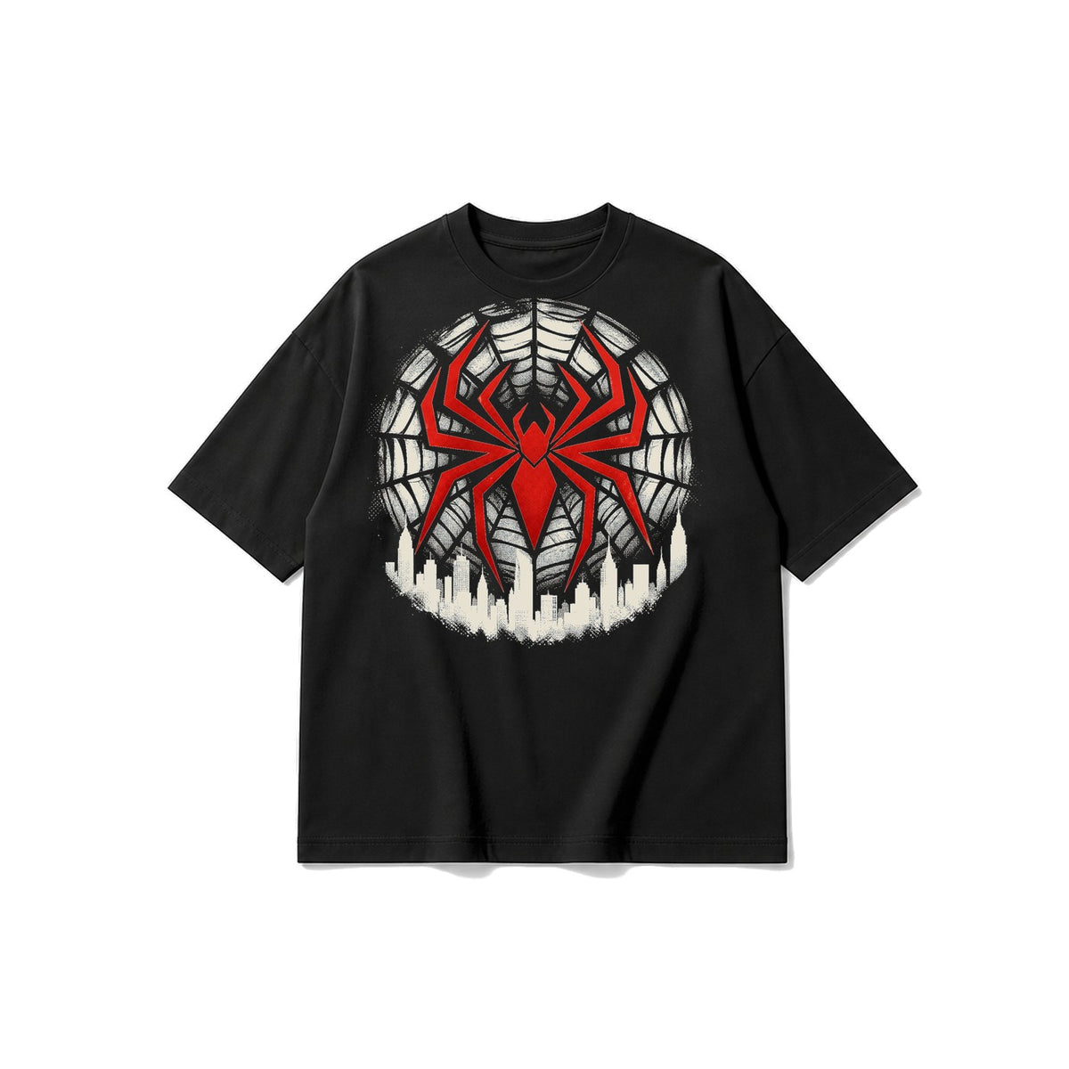 Örümcek Ağı Şehir Amblemi baskılı siyah t-shirt