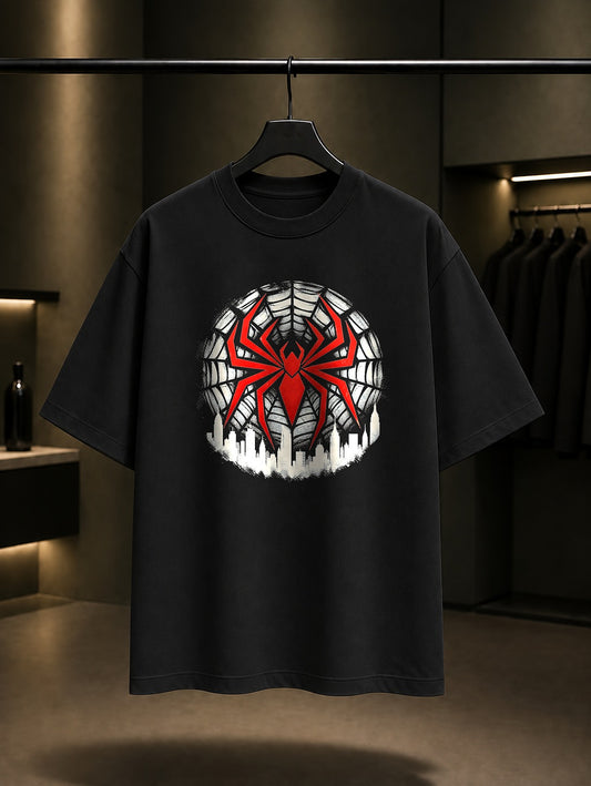 Örümcek Ağı Şehir Amblemi baskılı siyah t-shirt