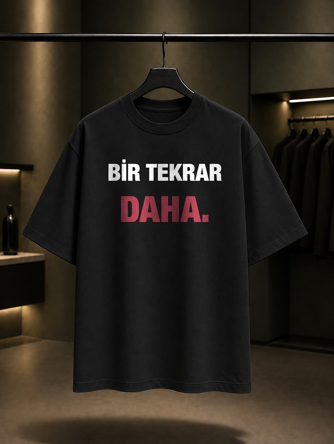 Bir Tekrar Daha Yazılı Baskılı Unisex %100 Pamuk T-shirt — Siyah