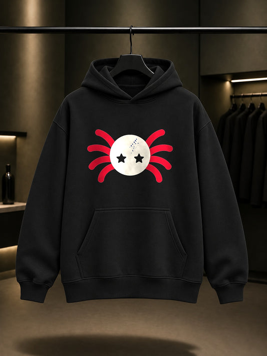 Yıldız Gözlü Örümcek baskılı siyah kapüşonlu sweatshirt