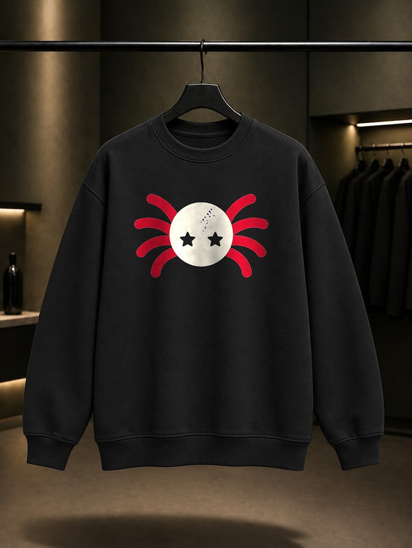 Yıldız Gözlü Örümcek baskılı siyah sweatshirt