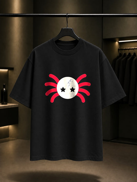 Yıldız Gözlü Örümcek baskılı siyah t-shirt